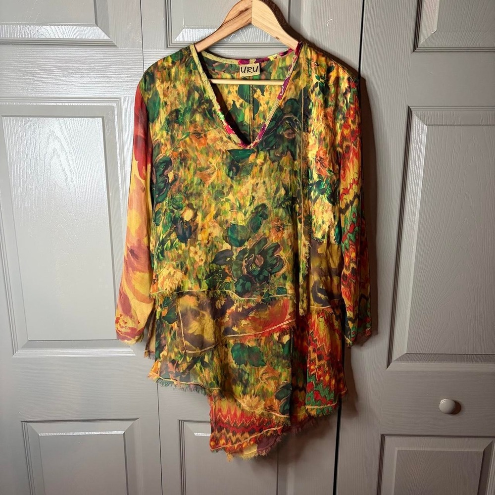 Uru Vintage Silk Floral Blouse Multicolored Boho Asymmetrical Tiered Top Large